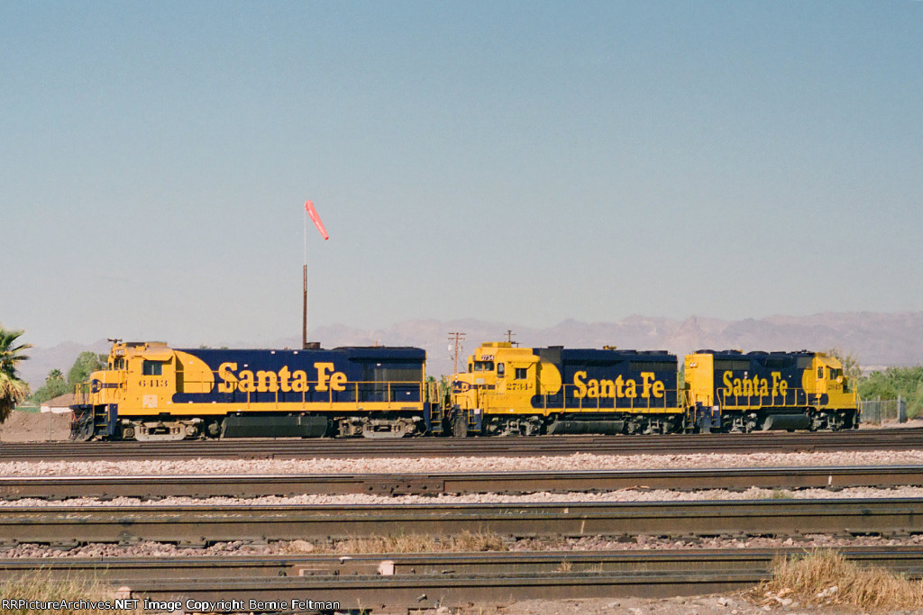 Local freight power tied down across from depot includes Santa Fe #6413, 2734 & 2943